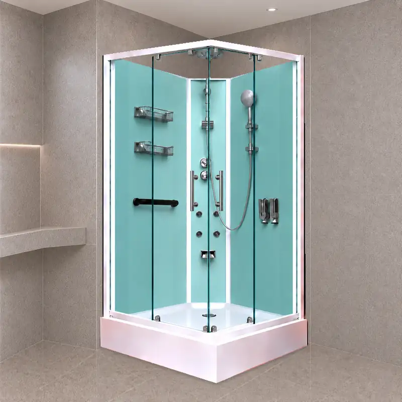 Completed square double door shower assembly with both sliding doors and handles fitted