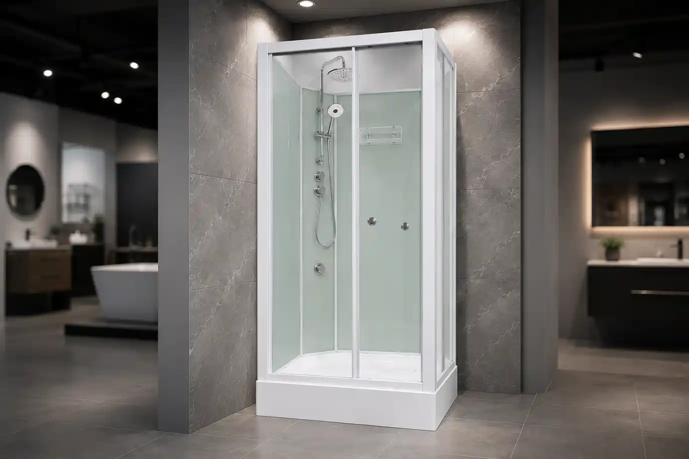 3000 Series buyers guide – Aeros 3000 Aqua Series square front-entry shower cubicle in a bathroom setting
