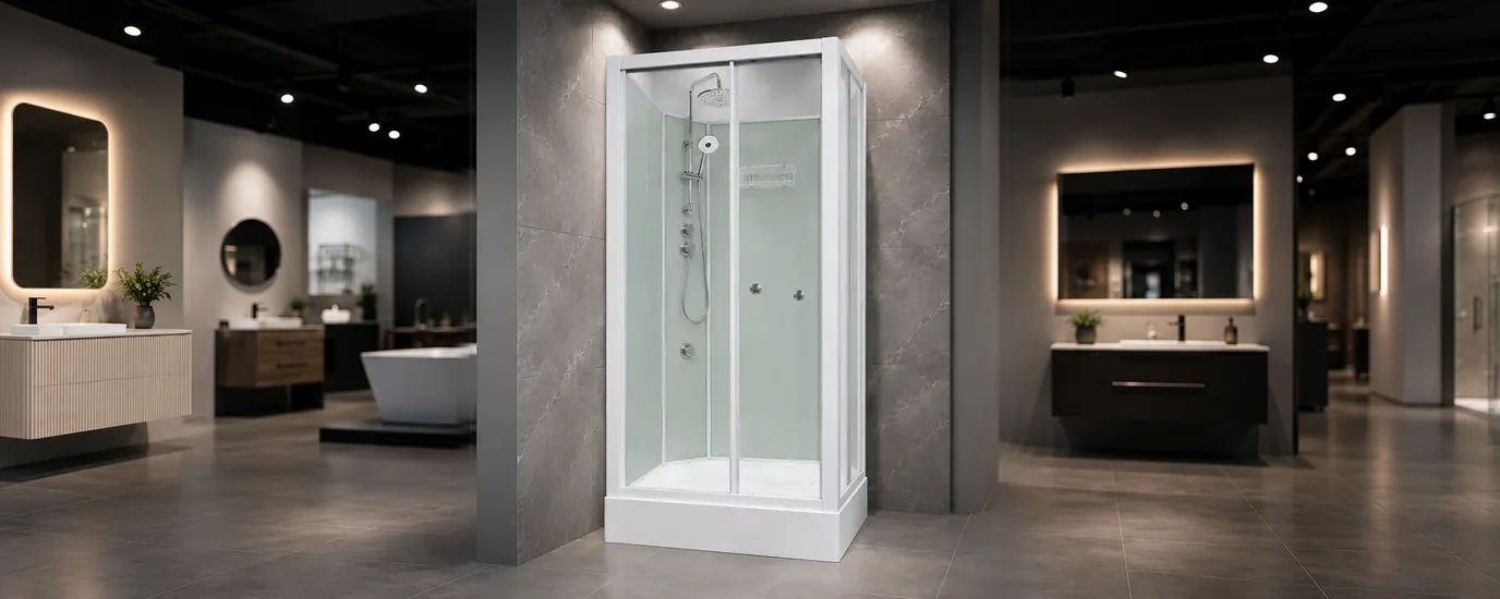 Front entry showers: Aeros 3000 square cubicle beside a bathroom vanity
