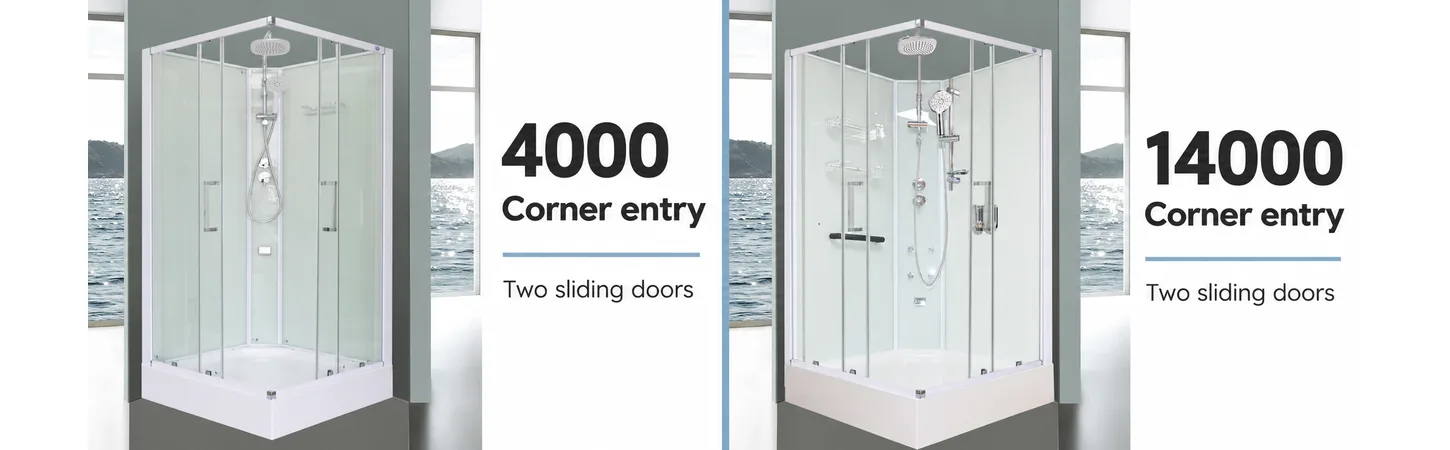 Aeros 4000 and 14000 square corner-entry shower cubicles with two internal sliding doors meeting at the outer corner.