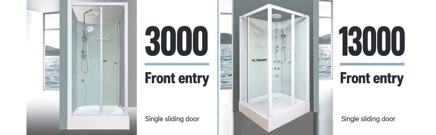 Aeros 3000 and 13000 square front-entry shower cubicles, each with a single internal sliding door.