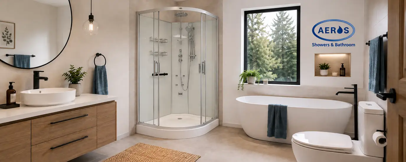 12000 Series buyers guide – Aeros 12000 Aqua Series deluxe round corner-entry shower cubicle in a modern bathroom