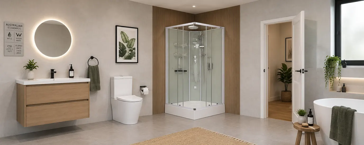 14000 Series buyers guide – Aeros 14000 Aqua Series deluxe square corner-entry shower cubicle in a modern bathroom