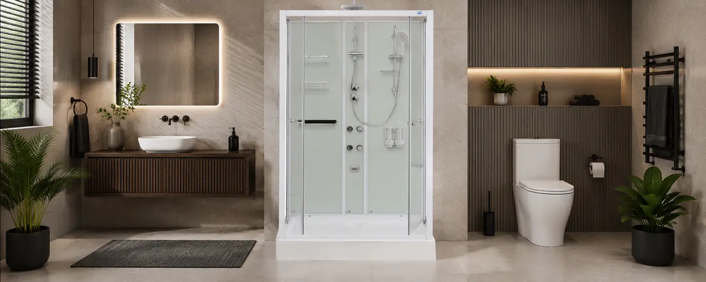 15000 Series buyers guide – Aeros 15000 Aqua Series deluxe rectangular front-entry shower cubicle in a modern bathroom