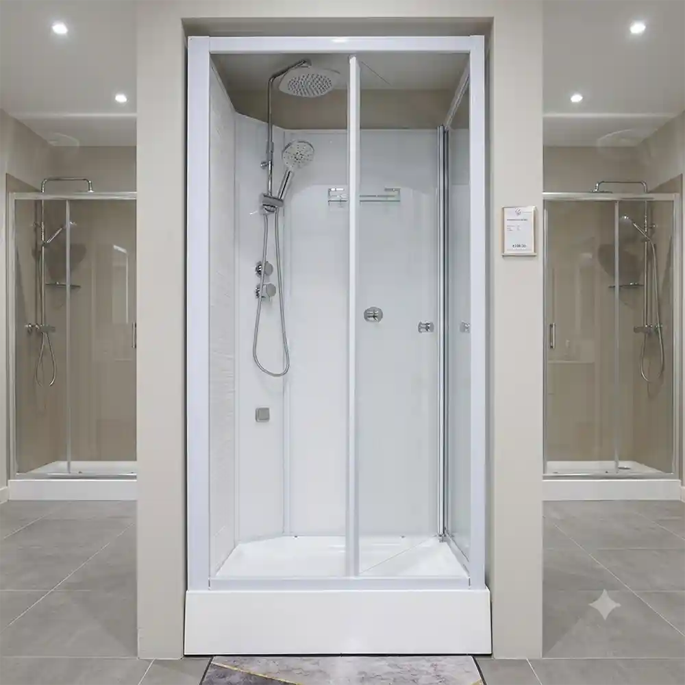 Fully enclosed shower installation in a compact bathroom alcove