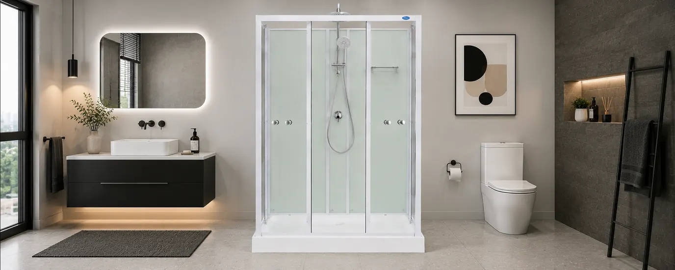 5000 Series buyers guide – Aeros 5000 Aqua Series 1200 × 900 mm rectangular front-entry shower cubicle in a modern bathroom