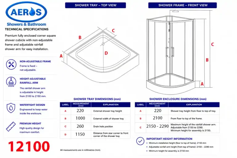 Aeros 12100 Aqua Series 1000 x 1000 mm technical specifications and dimensions