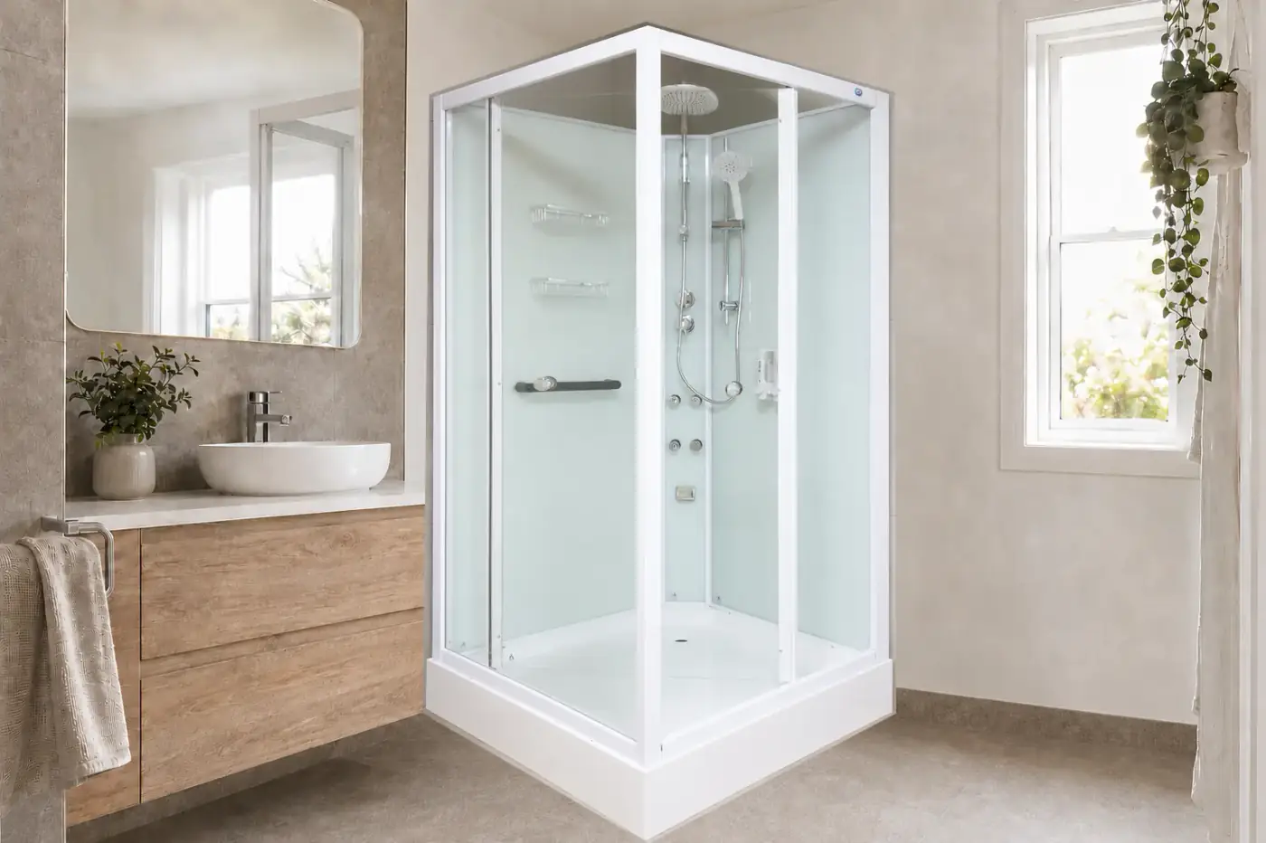 Fully enclosed shower installation with an Aeros cubicle in a finished bathroom