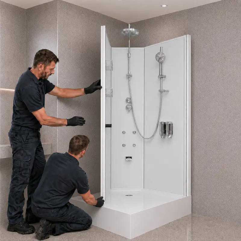 Fully enclosed shower installation with two people assembling an Aeros wall panel