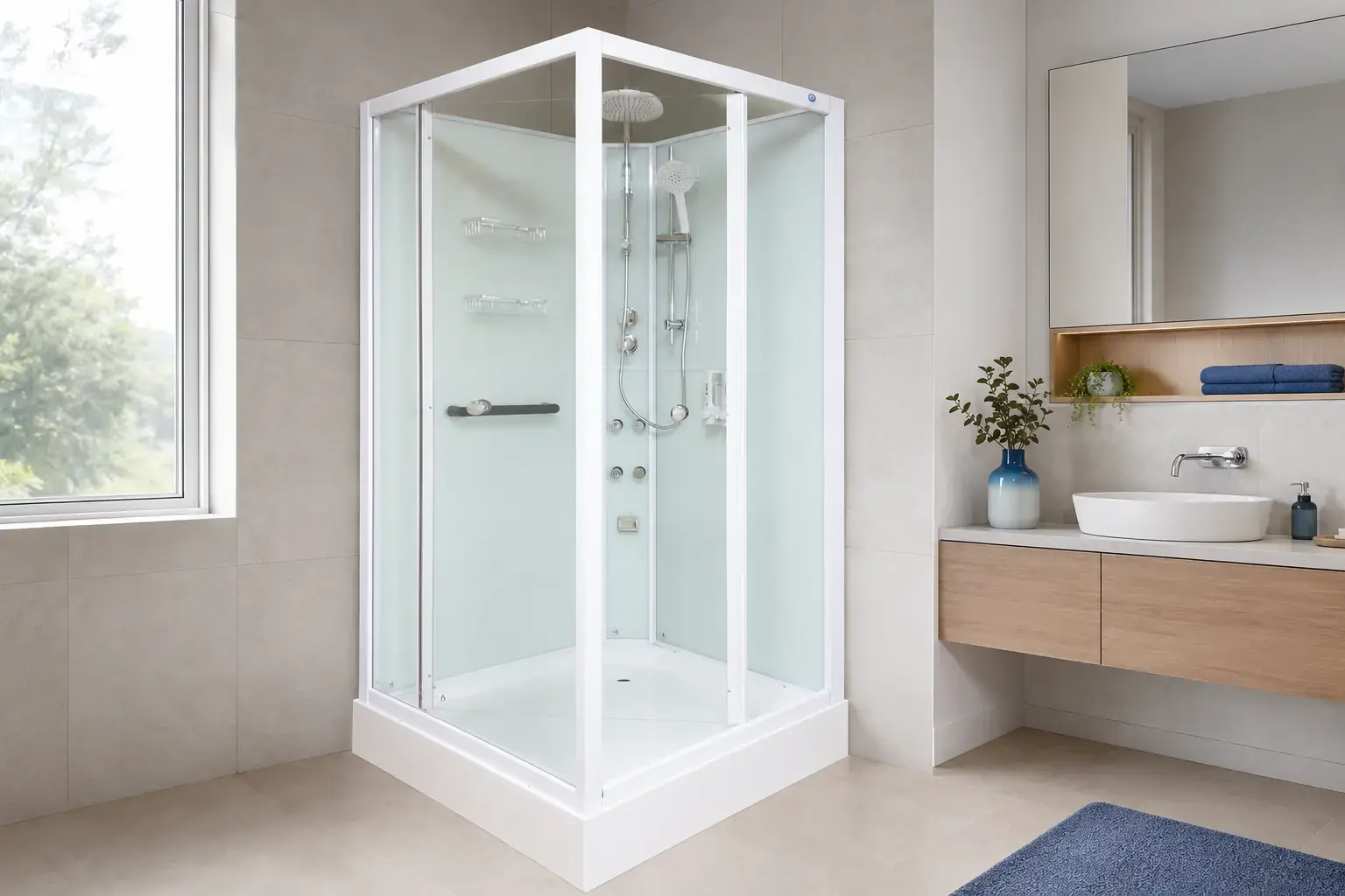 13000 Series buyers guide – Aeros 13000 Aqua Series fully enclosed square front-entry shower cubicle in a modern bathroom