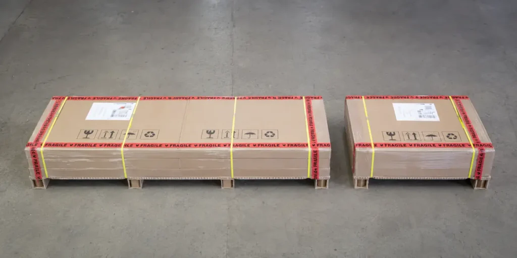 Example Aeros shower cubicle delivery showing glass pallet and shower tray pallet