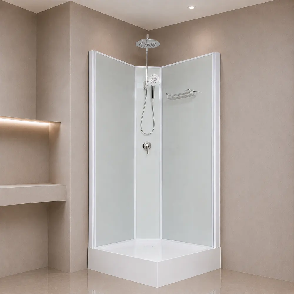 Aeros basic square shower cubicle showing rainfall shower, hand shower, mixer and internal storage basket