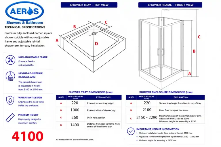 Aeros 4100 Aqua Series 1000 x 1000 mm technical specifications and dimensions