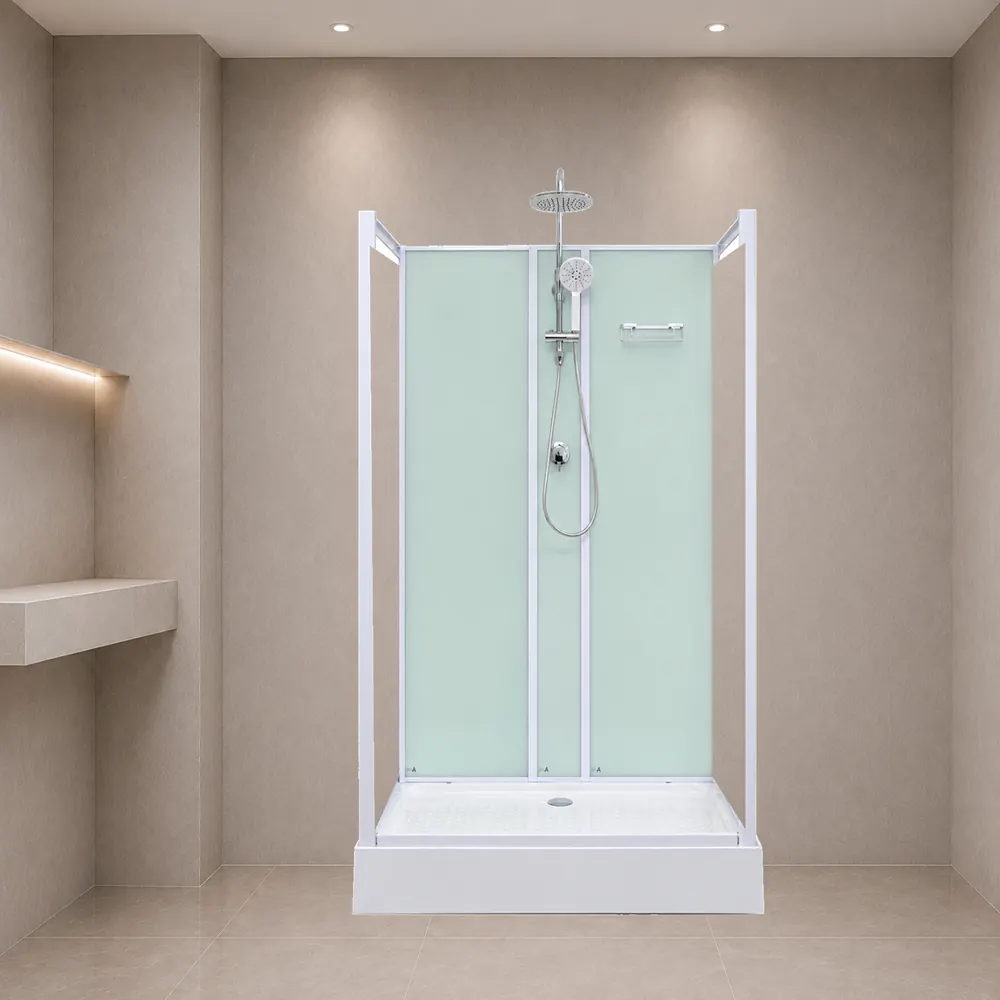 Aeros basic rectangular shower cubicle showing rainfall shower, hand shower, mixer and internal storage basket