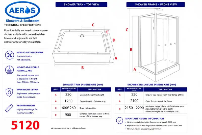 Aeros 5120 Aqua Series 1200 x 900 mm technical specifications and dimensions