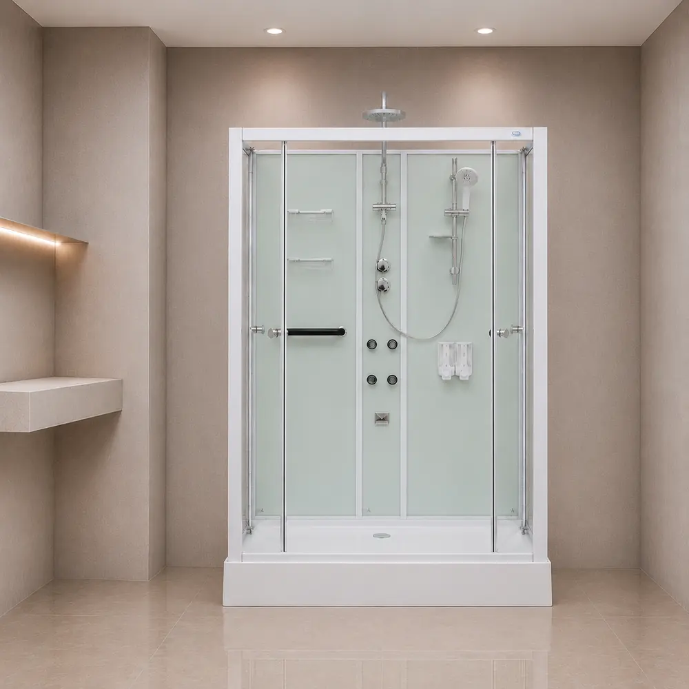 Aeros deluxe rectangular shower cubicle showing rainfall shower, hand shower, waterfall spout, back jets, baskets, dispensers and grab bar