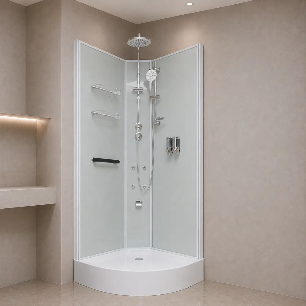 Aeros deluxe round shower cubicle showing rainfall shower, hand shower, waterfall spout, back jets, baskets, dispensers and grab bar