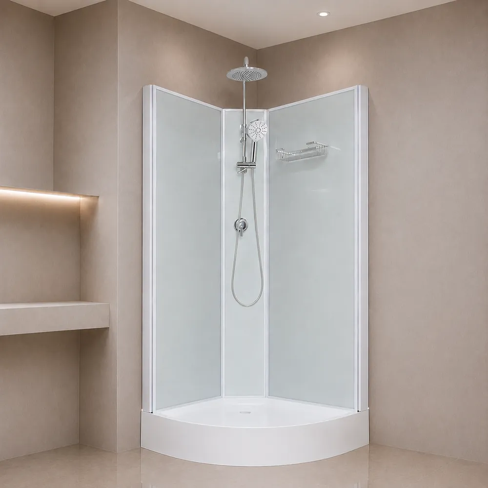 Aeros basic round shower cubicle showing rainfall shower, hand shower, mixer and internal storage basket