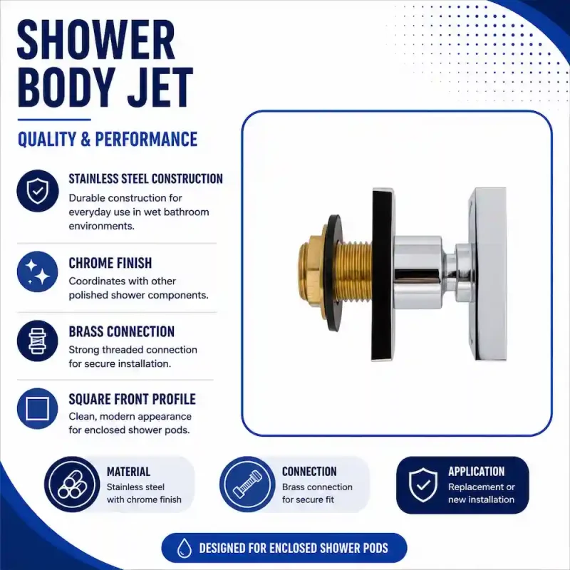 Aeros stainless steel shower body jet side view with chrome finish