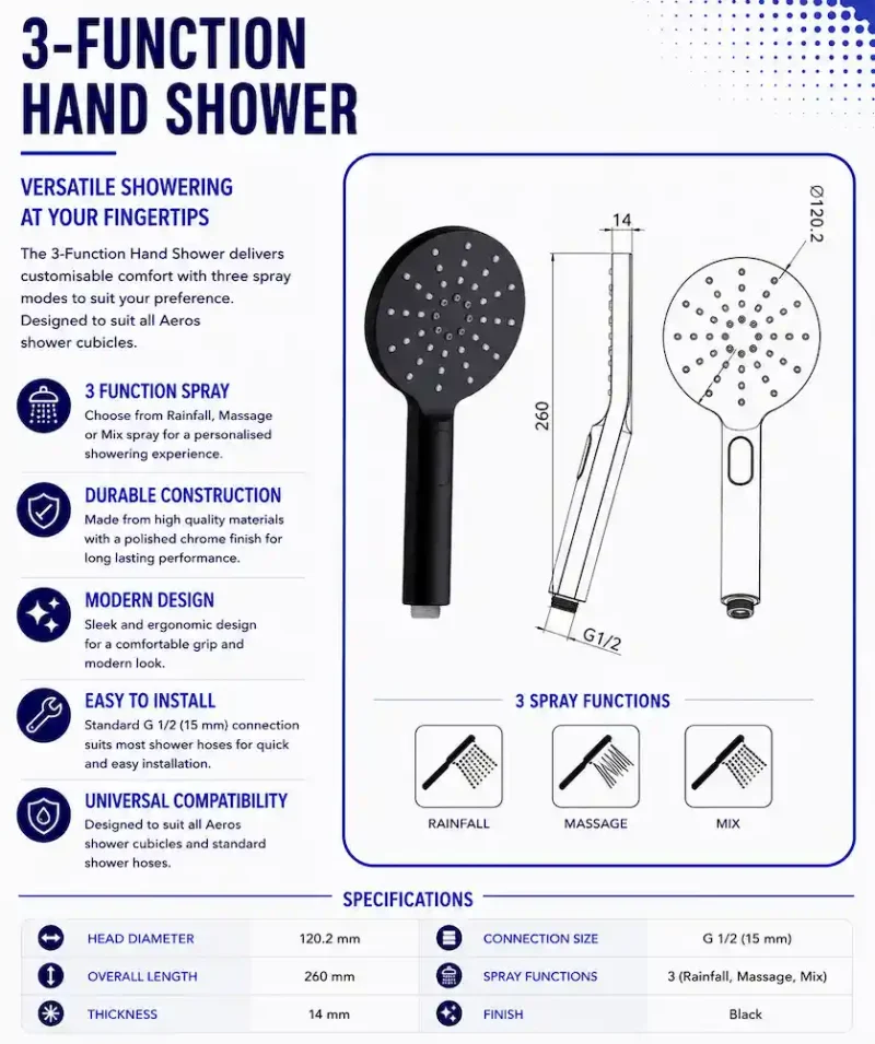 Black Aeros 3-function hand shower with white face and push-button