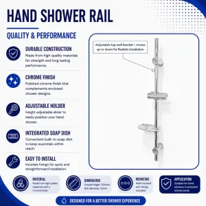 Aeros hand shower rail specification with adjustable soap dish and holder bracket