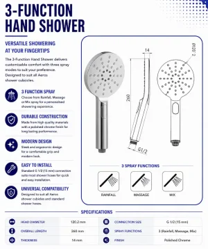 Chrome Aeros 3-function hand shower with white face and push-button