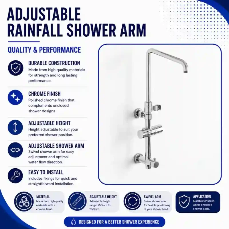 Aeros adjustable rainfall shower arm Polished chrome Aeros adjustable rainfall shower arm for enclosed shower cubicles