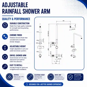 Aeros adjustable rainfall shower arm specification image for enclosed shower cubicles