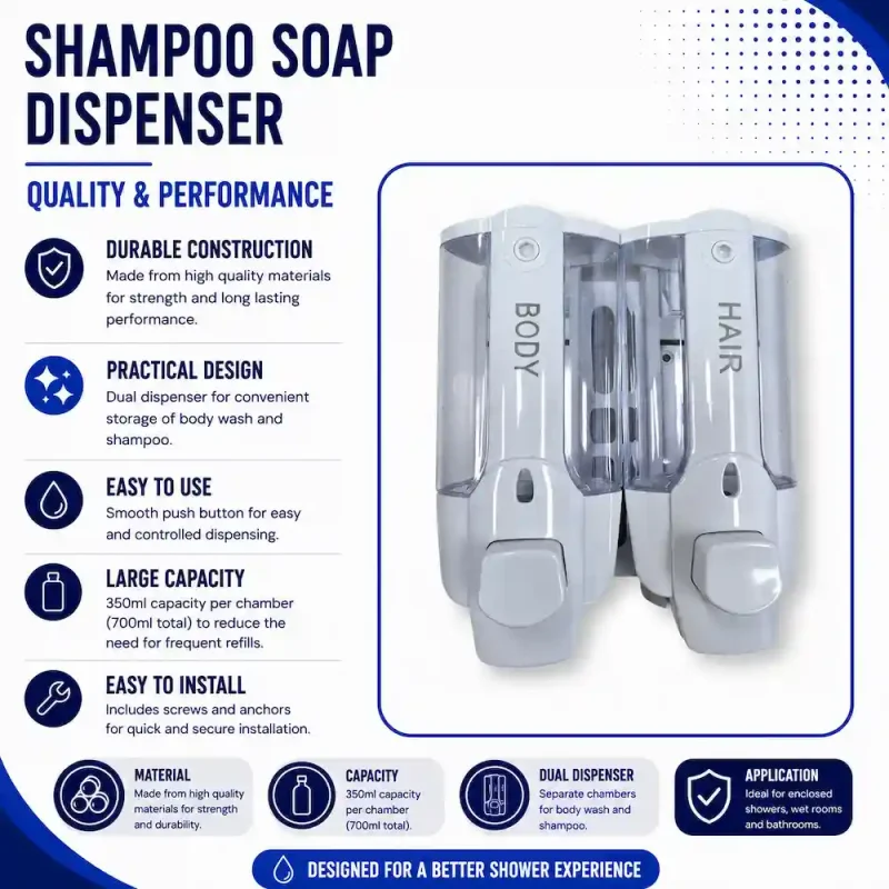 Front view of a white dual shampoo soap dispenser with wall bracket attached