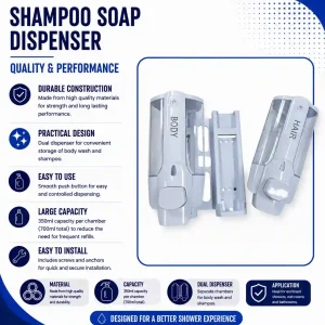 Front view of a white dual shampoo soap dispenser with wall bracket viewable