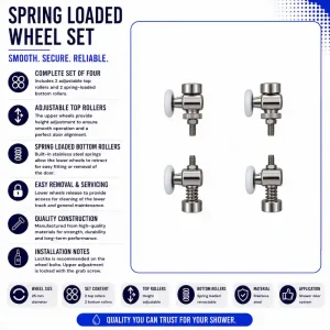 Spring loaded shower door rollers 25mm set of four with two adjustable top rollers and two spring-loaded bottom rollers