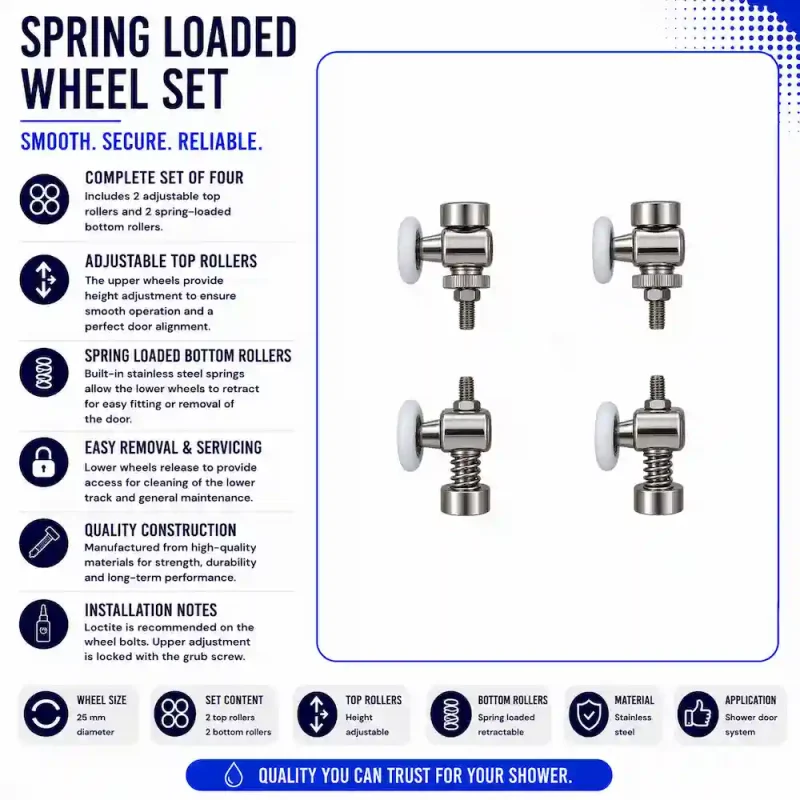 Spring loaded shower door rollers 25mm set of four with two adjustable top rollers and two spring-loaded bottom rollers