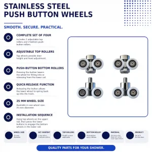 Stainless steel push button shower door rollers 25mm set of four with two adjustable top wheels and two bottom push-button wheels