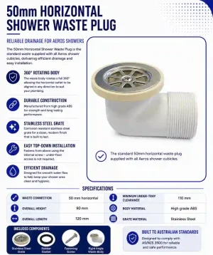 Aeros low-profile horizontal shower waste plug with steel grate and rubber gasket