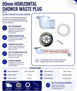 Aeros horizontal shower waste plug with steel grate, rubber gasket and connection options
