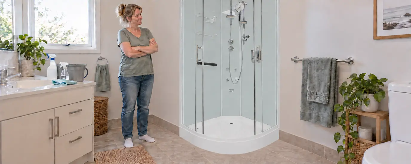 Woman standing with arms crossed beside a grout-free Aeros shower cubicle.