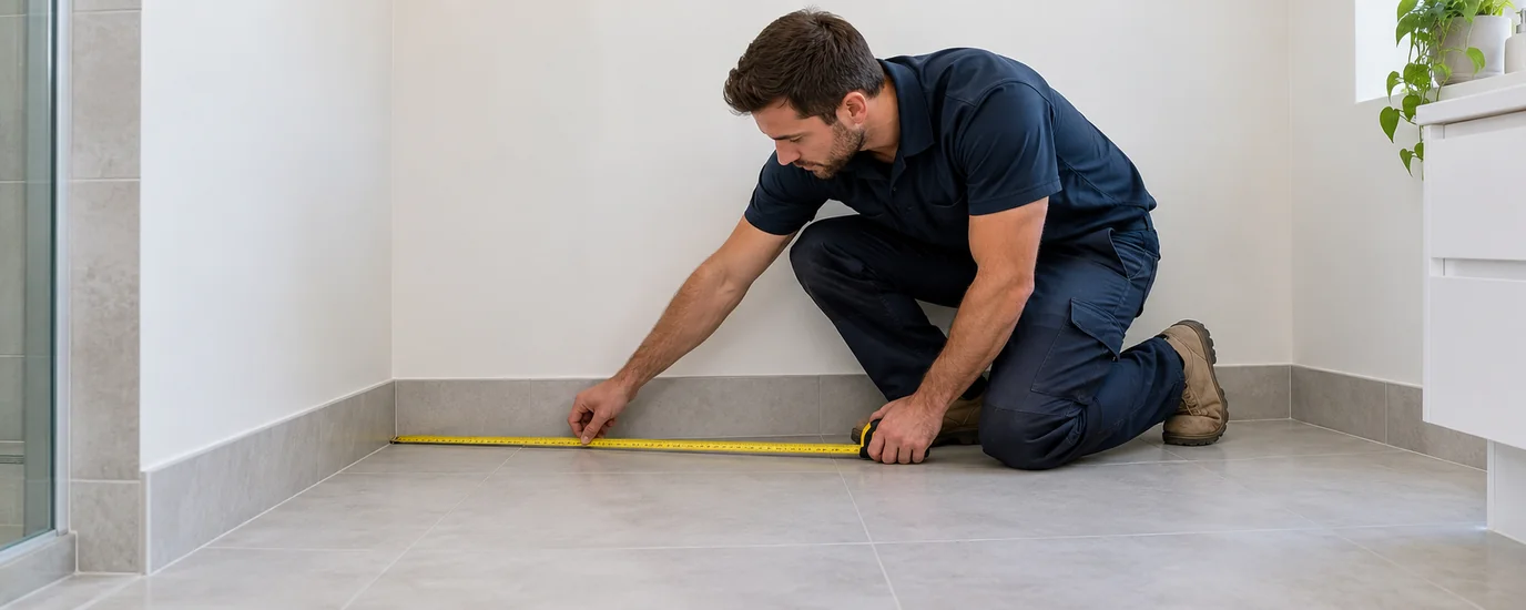 Tradesman measuring available bathroom floor space before choosing a shower cubicle