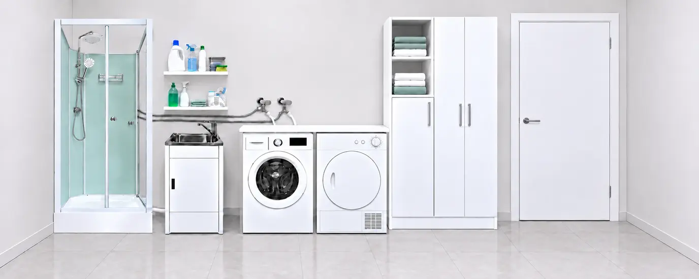 Laundry bathroom combo illustration with an Aeros shower, trough, washing machine, dryer and linen cupboard.