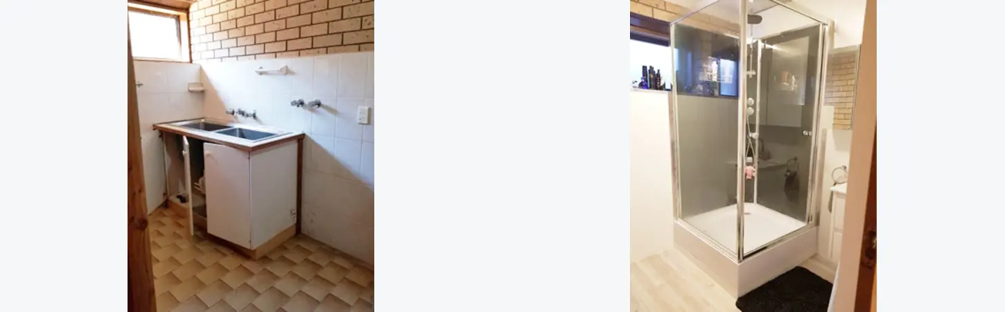 Laundry bathroom combo before and after: old laundry trough on the left and a discontinued Aeros shower installed on the right.