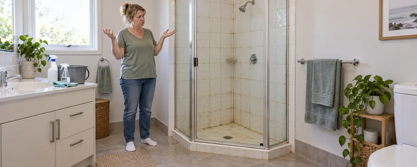 Woman frustrated by discoloured grout in a tiled shower