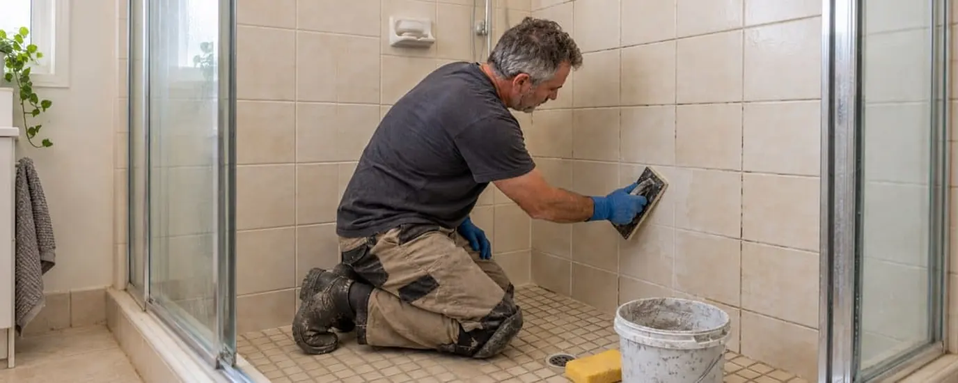 Tradesperson renewing tiled shower joints — shower regrouting cost and repair guide.