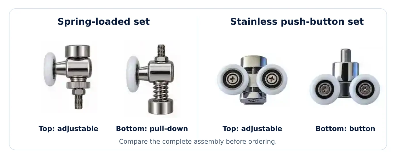 Aeros spring-loaded and stainless push-button roller assemblies, showing adjustable upper parts and the two lower release mechanisms.