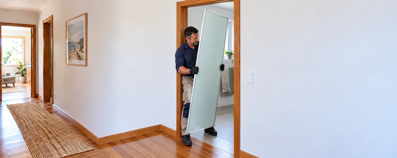 Tradesman carrying a single Aeros glass wall panel at an angle through a bathroom doorway
