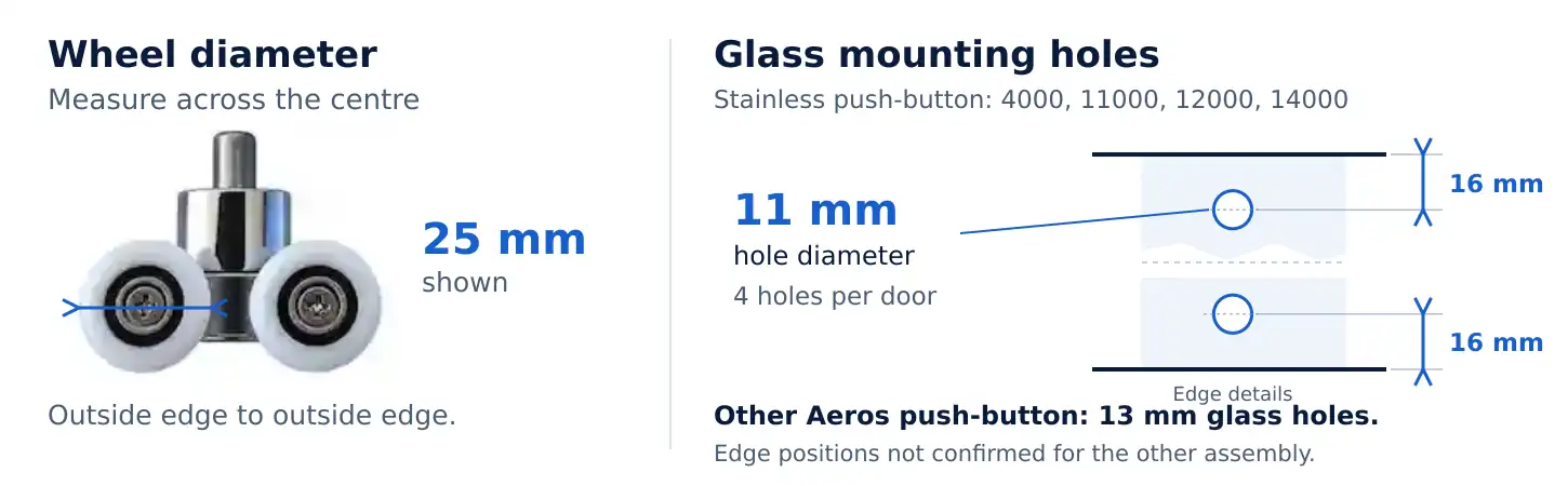 How to measure shower door rollers: 25 mm wheel diameter, with 11 mm glass holes and 16 mm edge offsets for the specified Aeros stainless push-button models.
