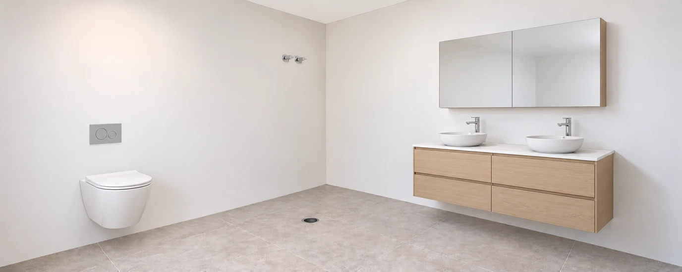 Bathroom prepared for an Aeros shower, showing mini stops and a waste opening beside a double vanity and wall-hung toilet